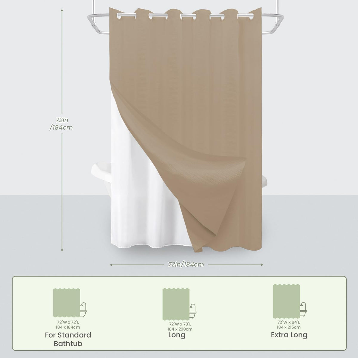 Beige Waffle Weave No‑Hook Shower Curtain Set