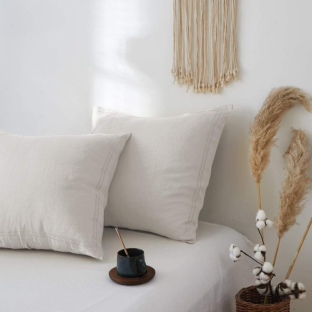 100% French Linen Embroidered Euro Shams Set of 2