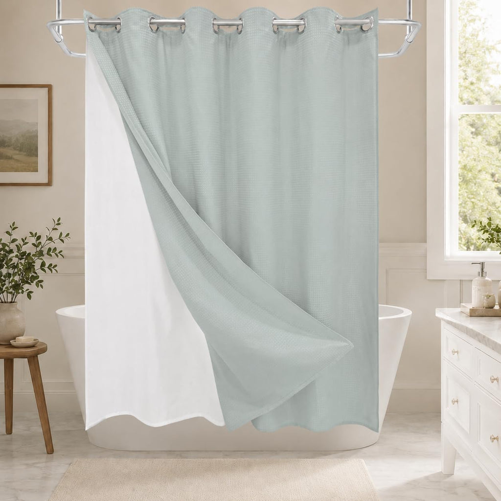 Sage Green Waffle Weave No‑Hook Shower Curtain Set