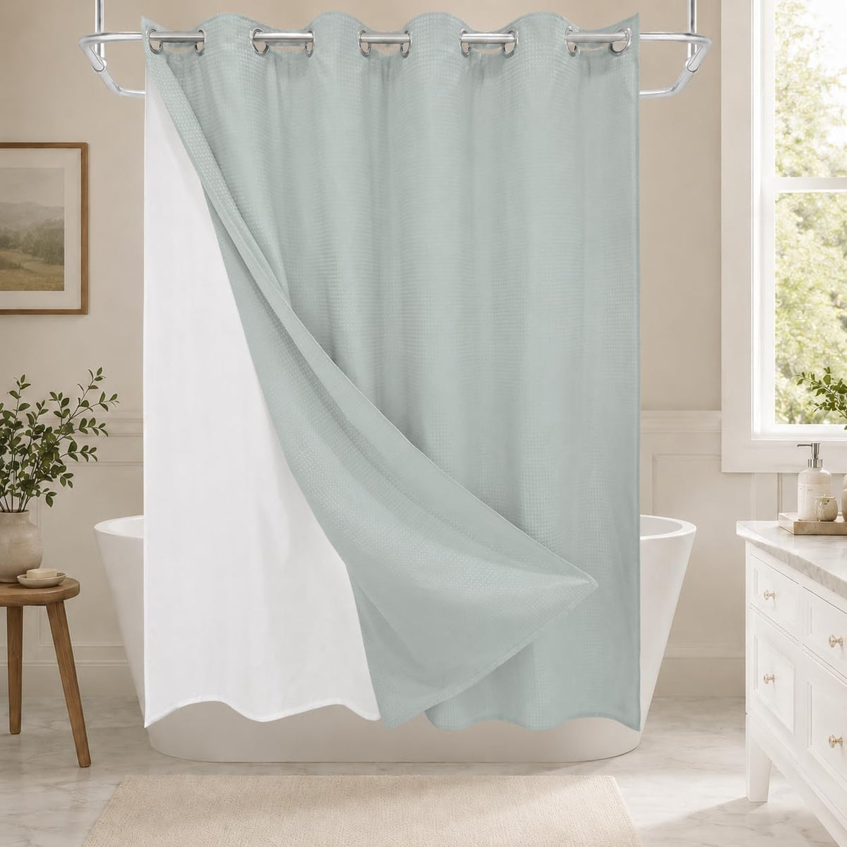 Sage Green Waffle Weave No‑Hook Shower Curtain Set