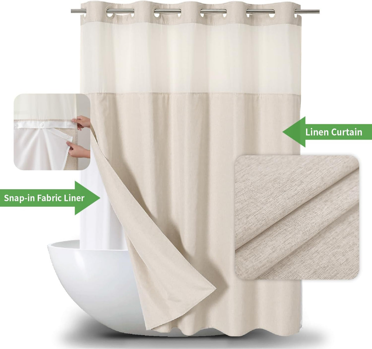 Cream Textured No‑Hook Shower Curtain Set with Liner
