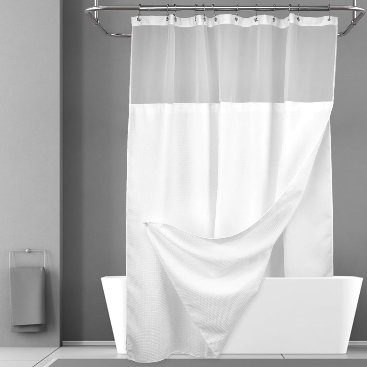 White Waffle Weave Shower Curtain Set with Snap‑in Liner