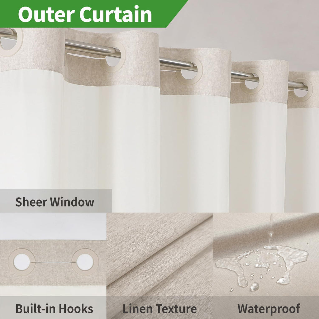 Cream Textured No‑Hook Shower Curtain Set with Liner