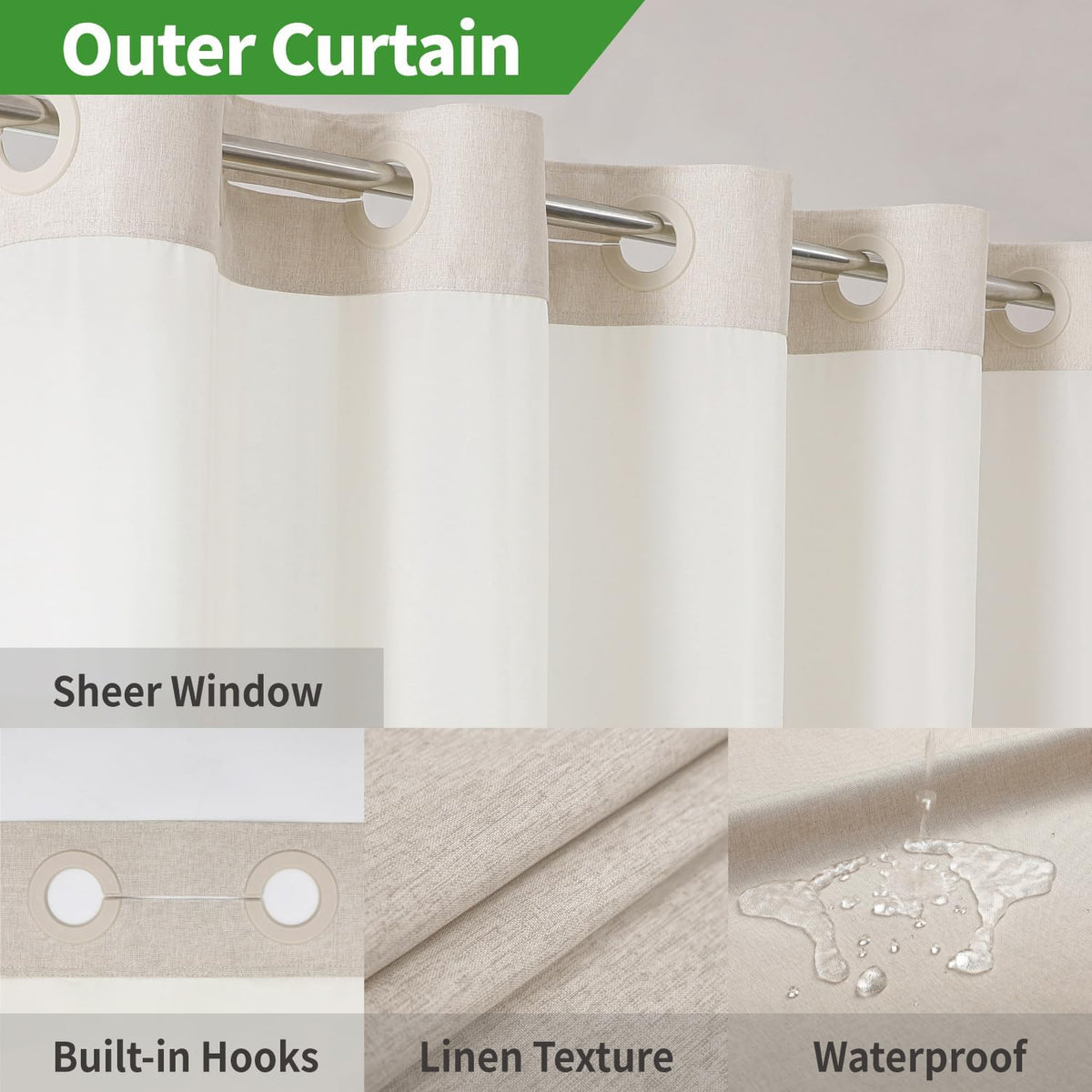 Cream Textured No‑Hook Shower Curtain Set with Liner