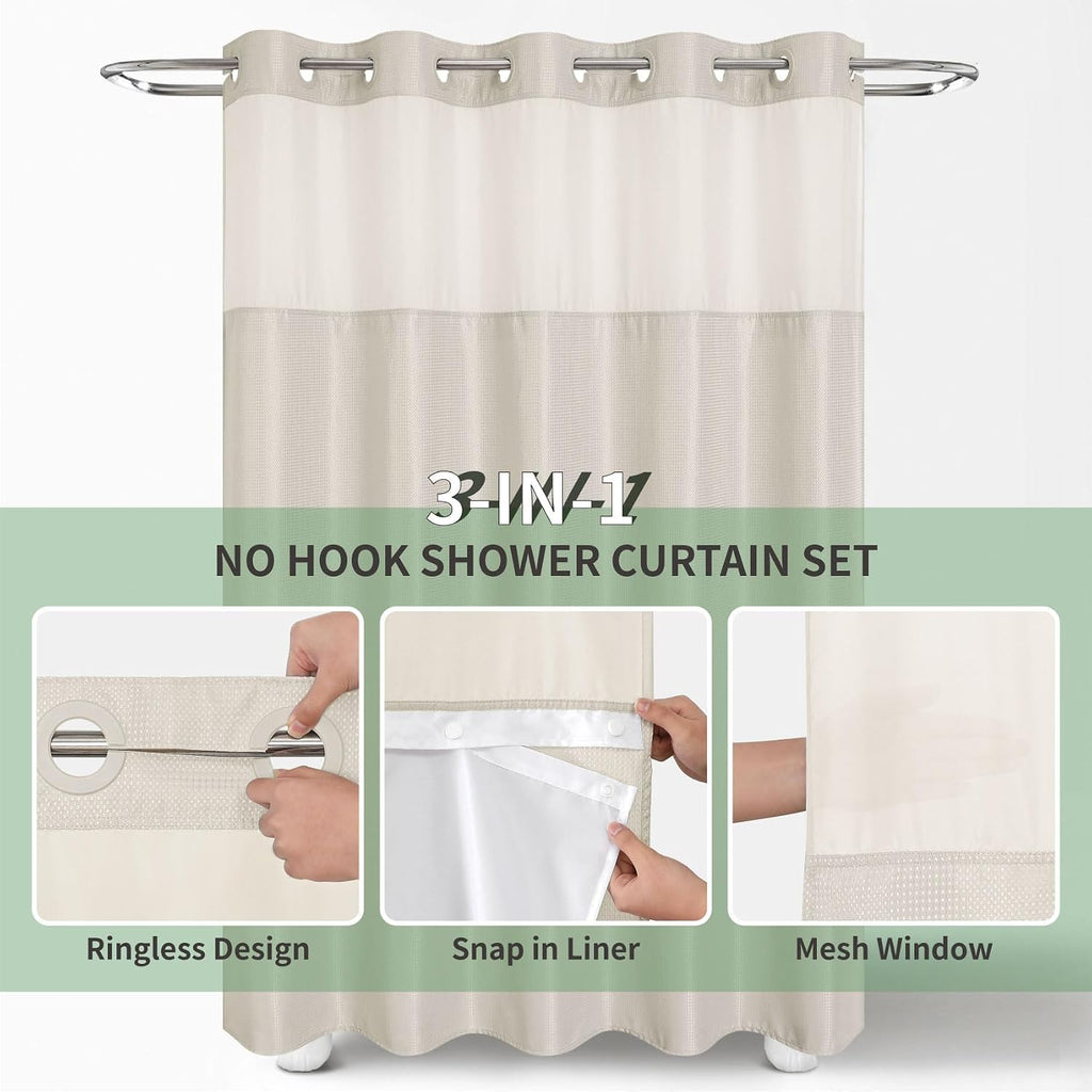 Oatmeal Waffle Weave No‑Hook Shower Curtain Set