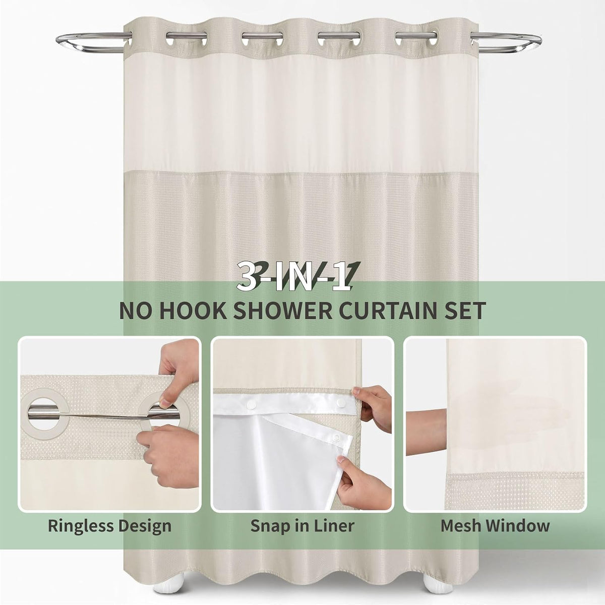 Oatmeal Waffle Weave No‑Hook Shower Curtain Set