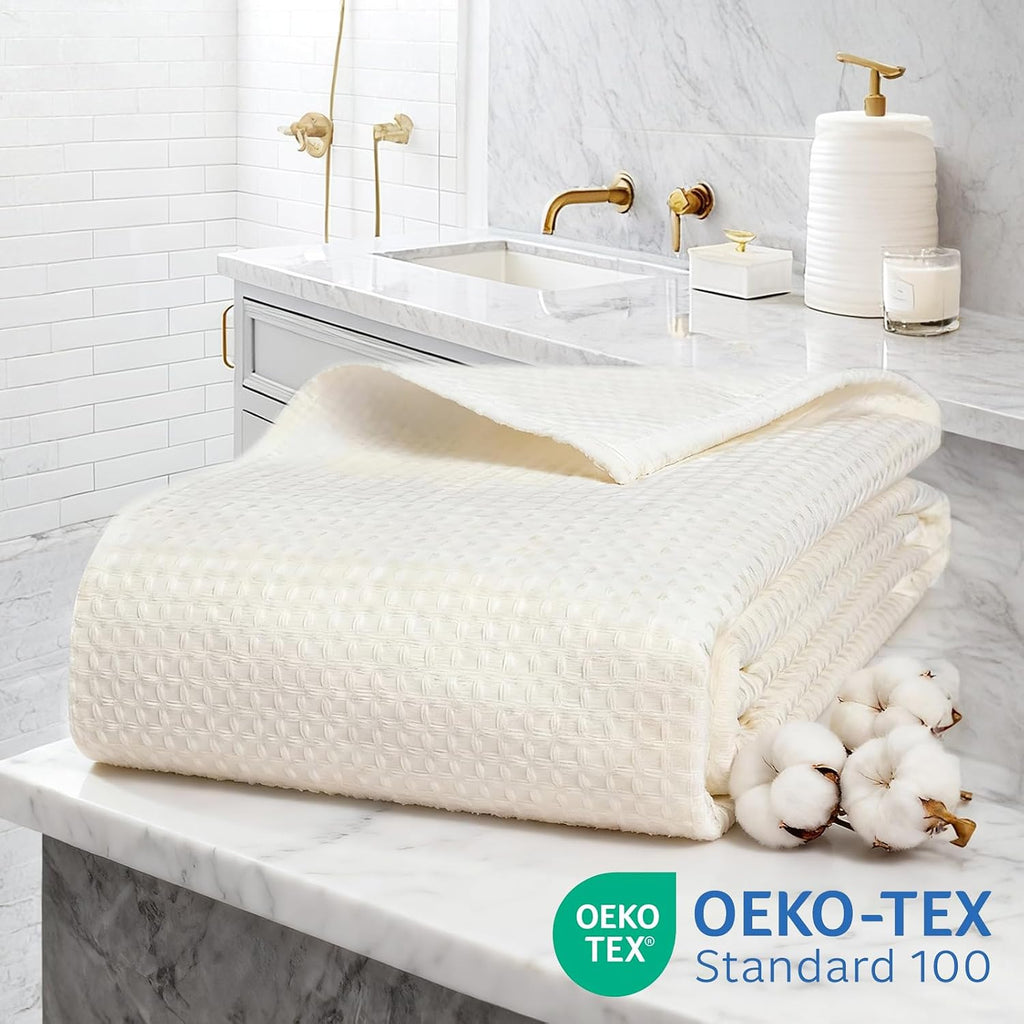 Cream Waffle Weave No‑Hook Shower Curtain