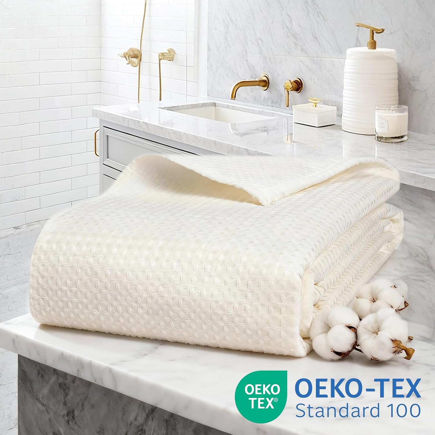 Cream Waffle Weave No‑Hook Shower Curtain