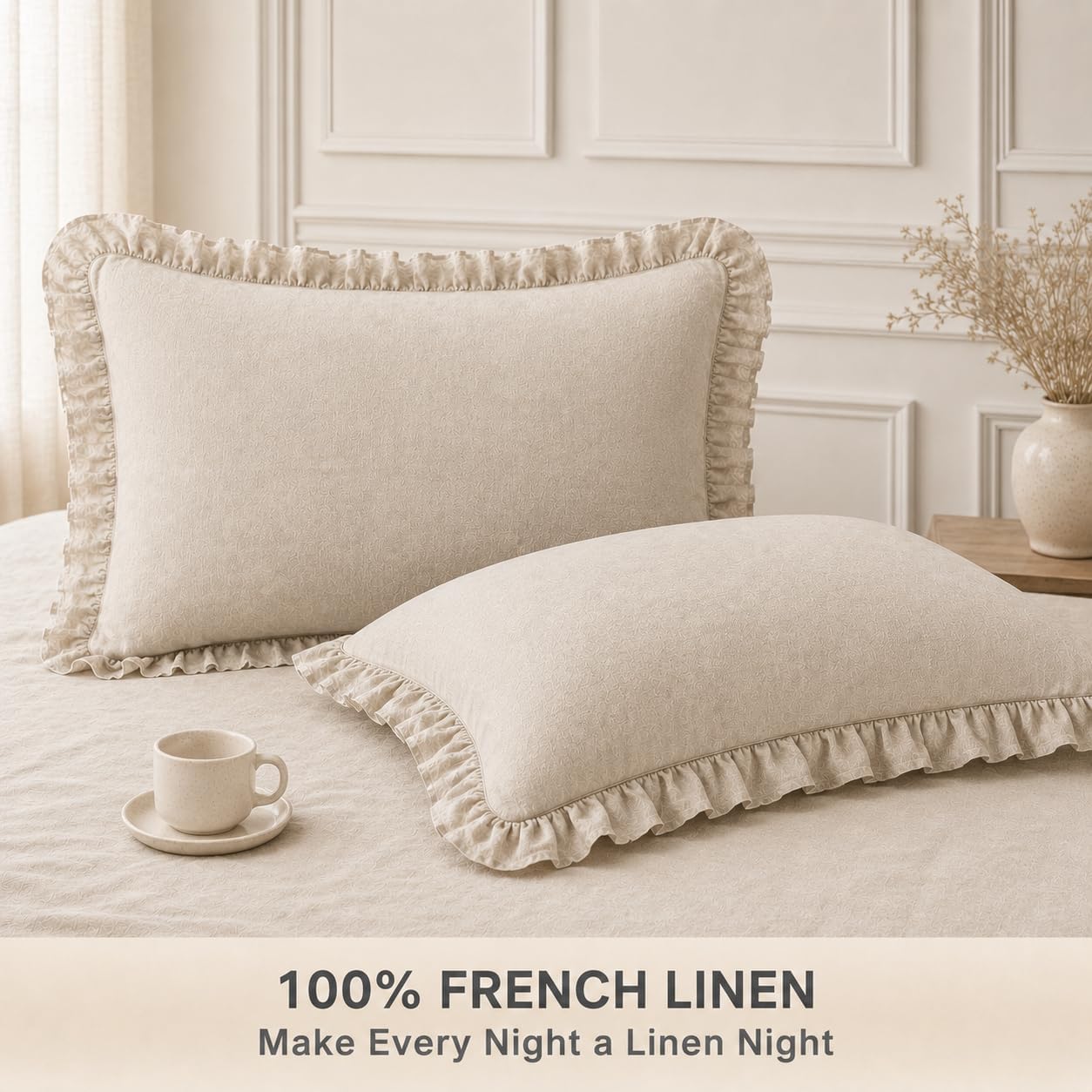 100% Linen Ruffle Pillow Shams Set of 2