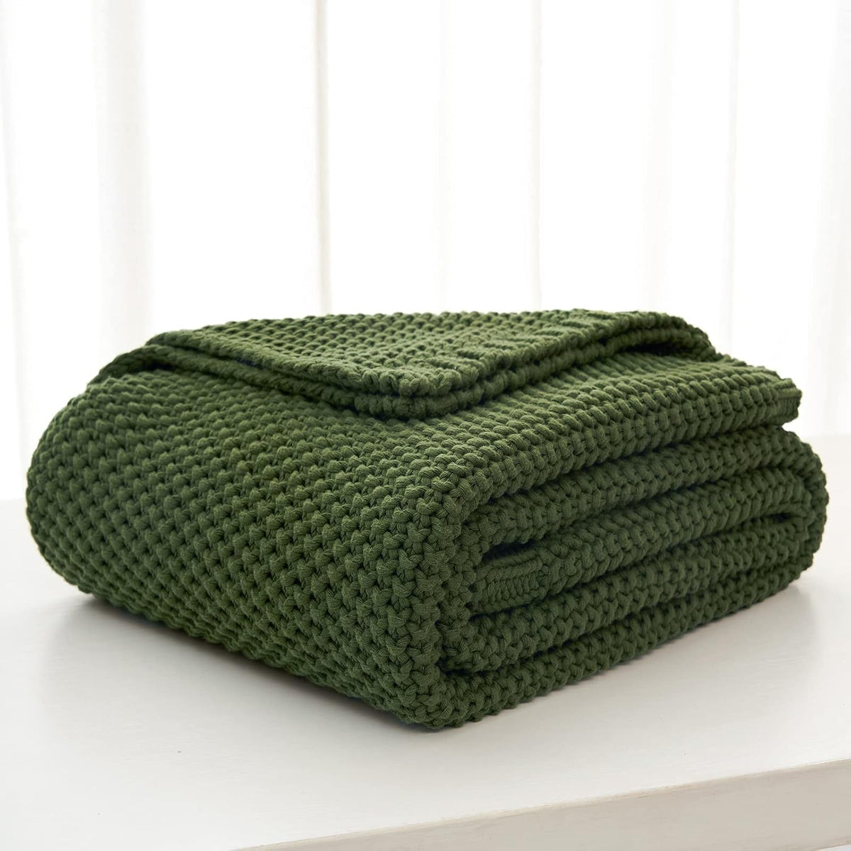 Olive Green Chunky Cable‑Knit Organic Cotton Throw Blanket