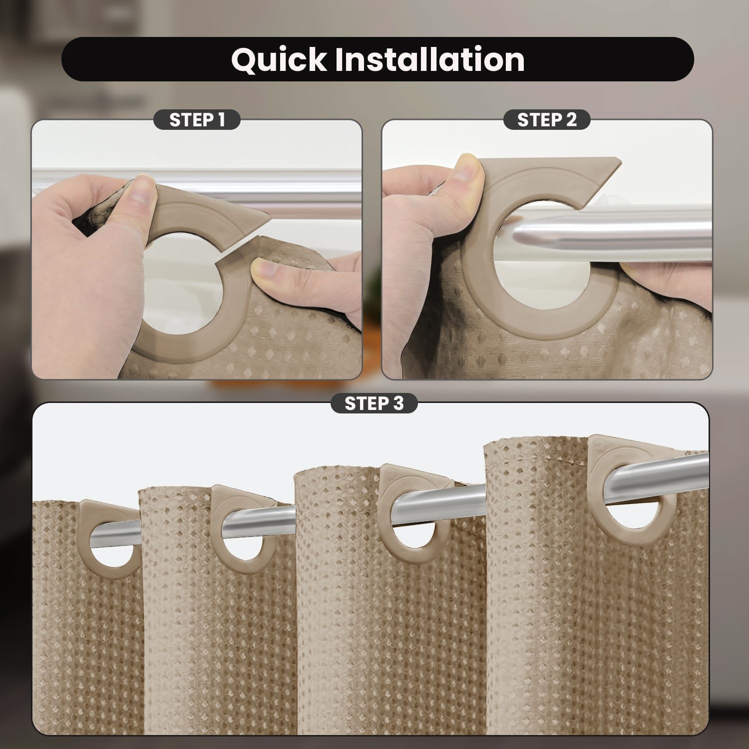 Beige Waffle Weave No‑Hook Shower Curtain Set