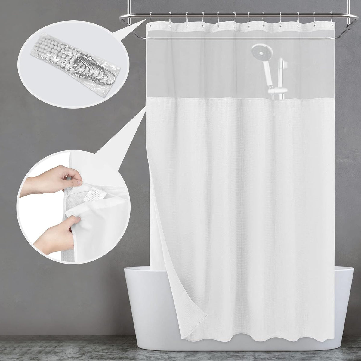 White Waffle Weave Shower Curtain Set with Snap‑in Liner