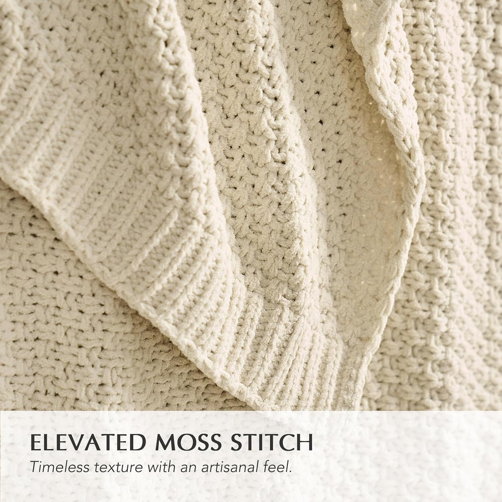 Beige Chunky Chenille Knit Throw Blanket