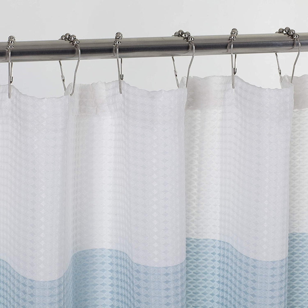 Blue Waffle Weave Waterproof Shower Curtain with Hooks