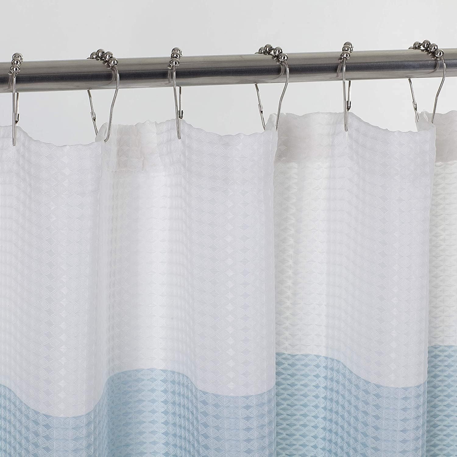 Blue Waffle Weave Waterproof Shower Curtain with Hooks