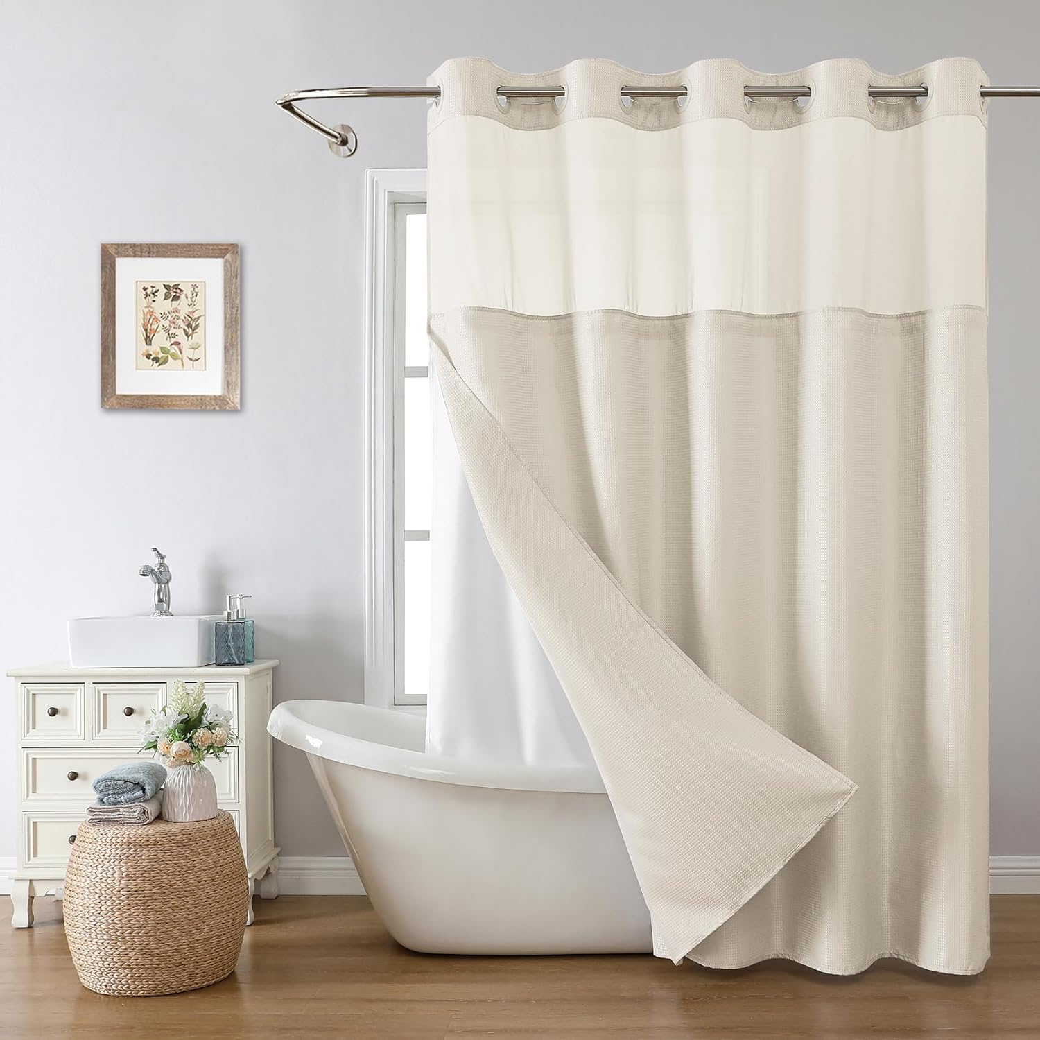 Oatmeal Waffle Weave No‑Hook Shower Curtain Set