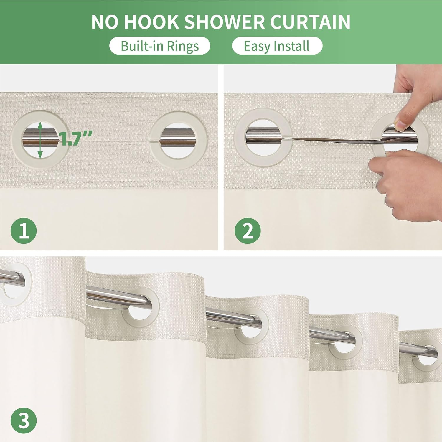 Oatmeal Waffle Weave No‑Hook Shower Curtain Set