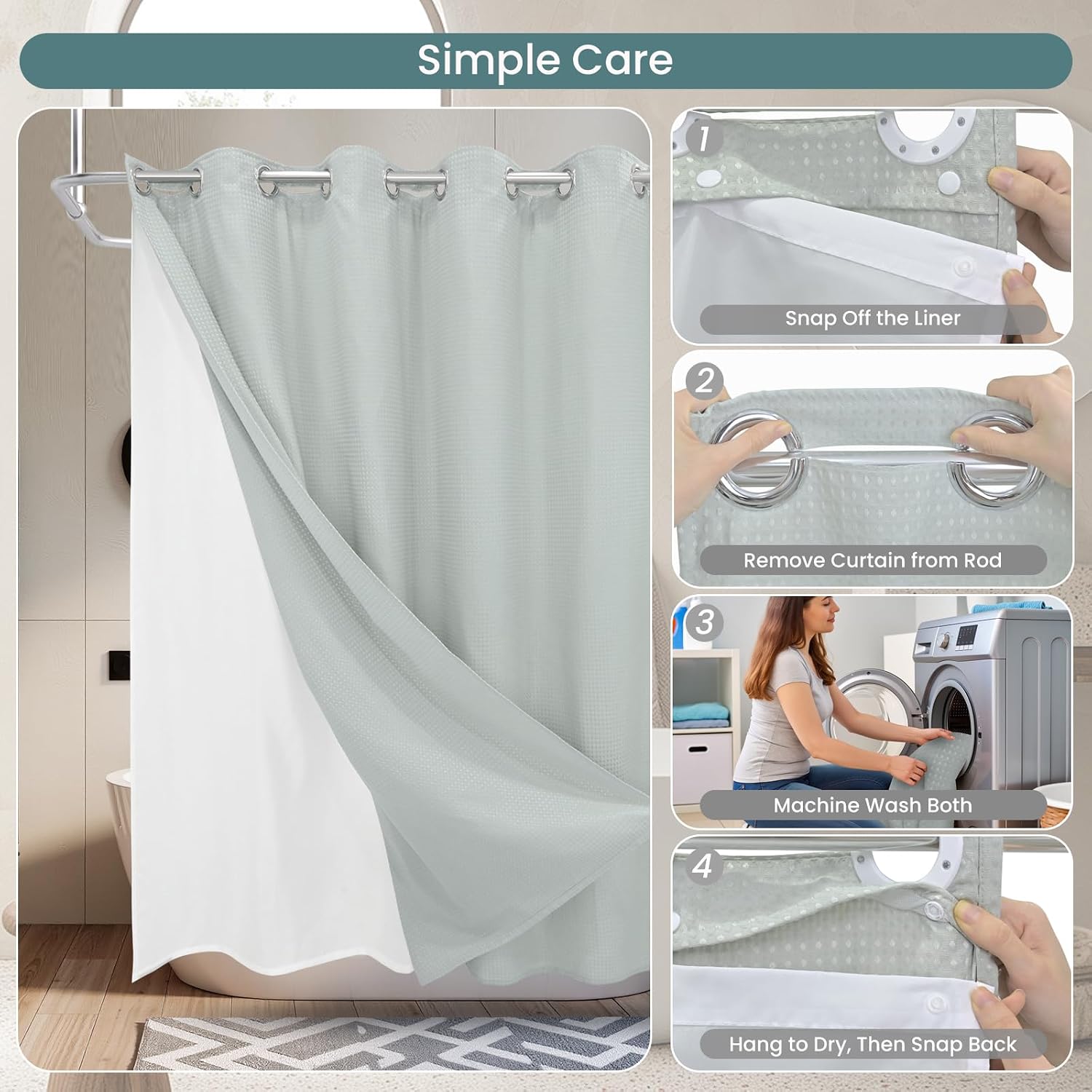 Sage Green Waffle Weave No‑Hook Shower Curtain Set