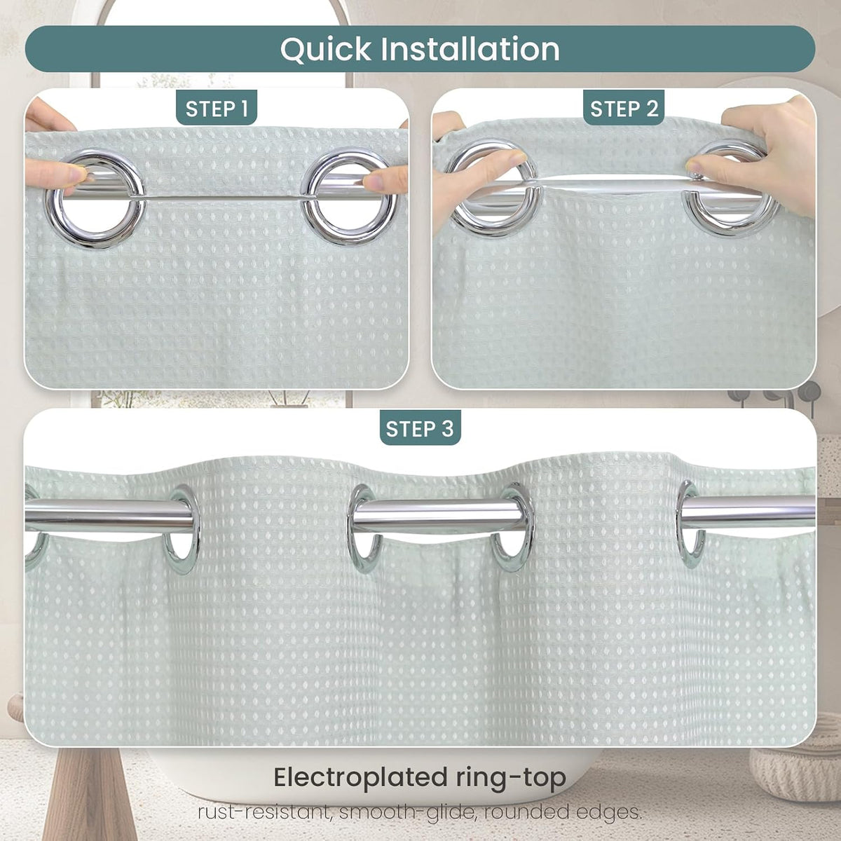 Sage Green Waffle Weave No‑Hook Shower Curtain Set
