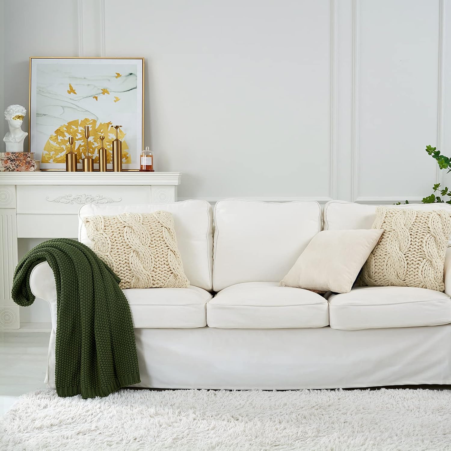 Olive Green Chunky Cable‑Knit Organic Cotton Throw Blanket