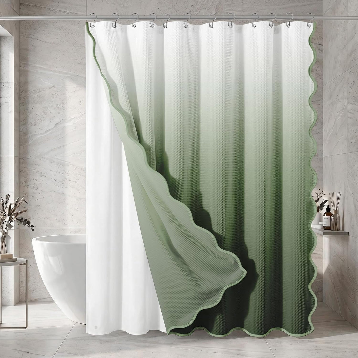 Sage Ombre Waffle Weave Shower Curtain Set