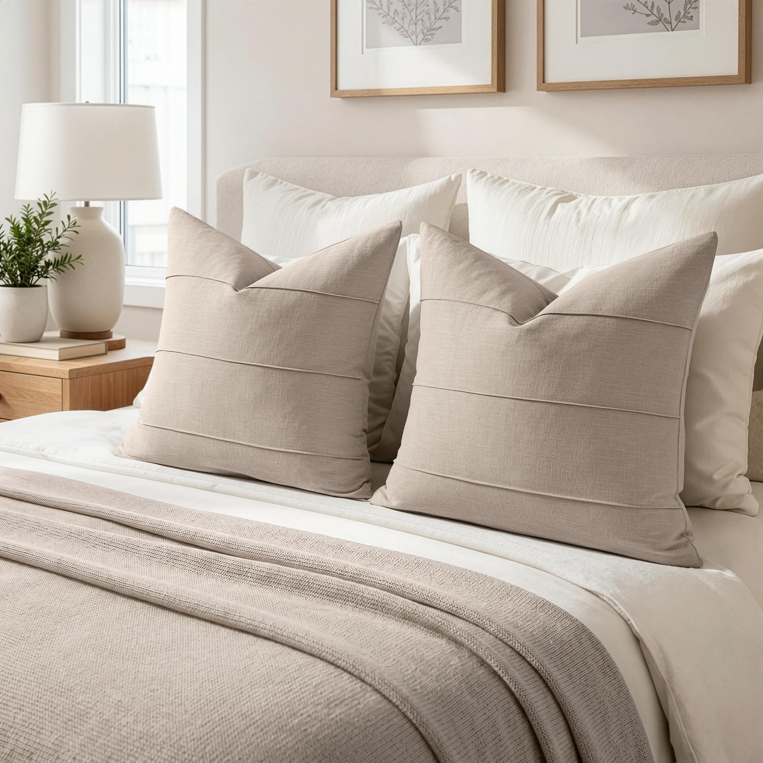 Natural Linen Striped Throw Pillow Covers Set of 2