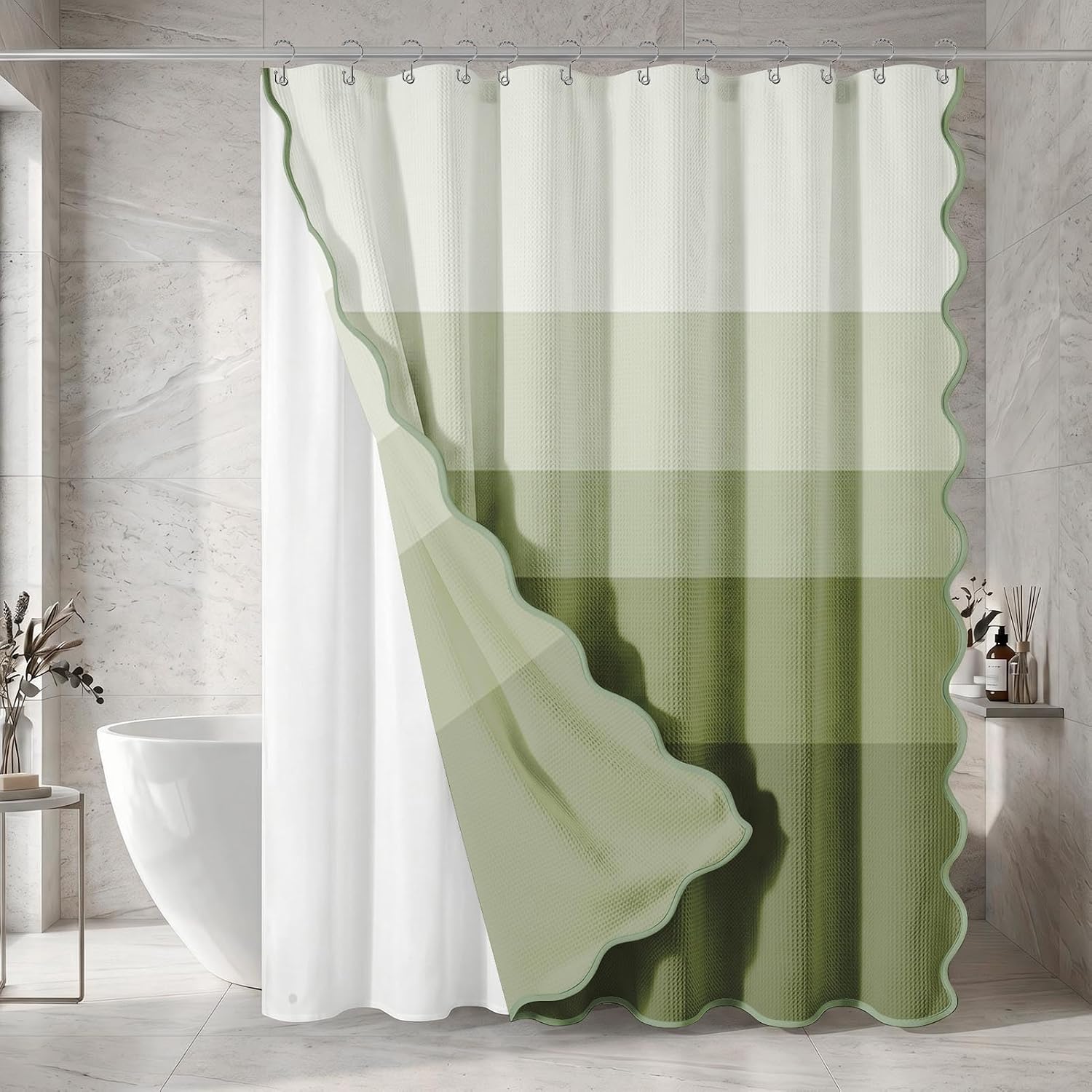 Sage Striped Waffle Weave Shower Curtain Set