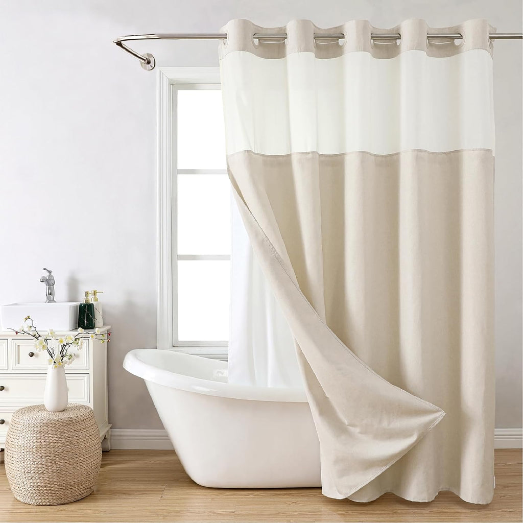 Cream Textured No‑Hook Shower Curtain Set with Liner