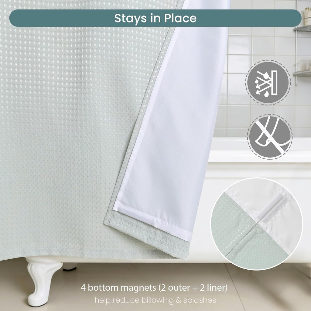 Sage Green Waffle Weave No‑Hook Shower Curtain Set