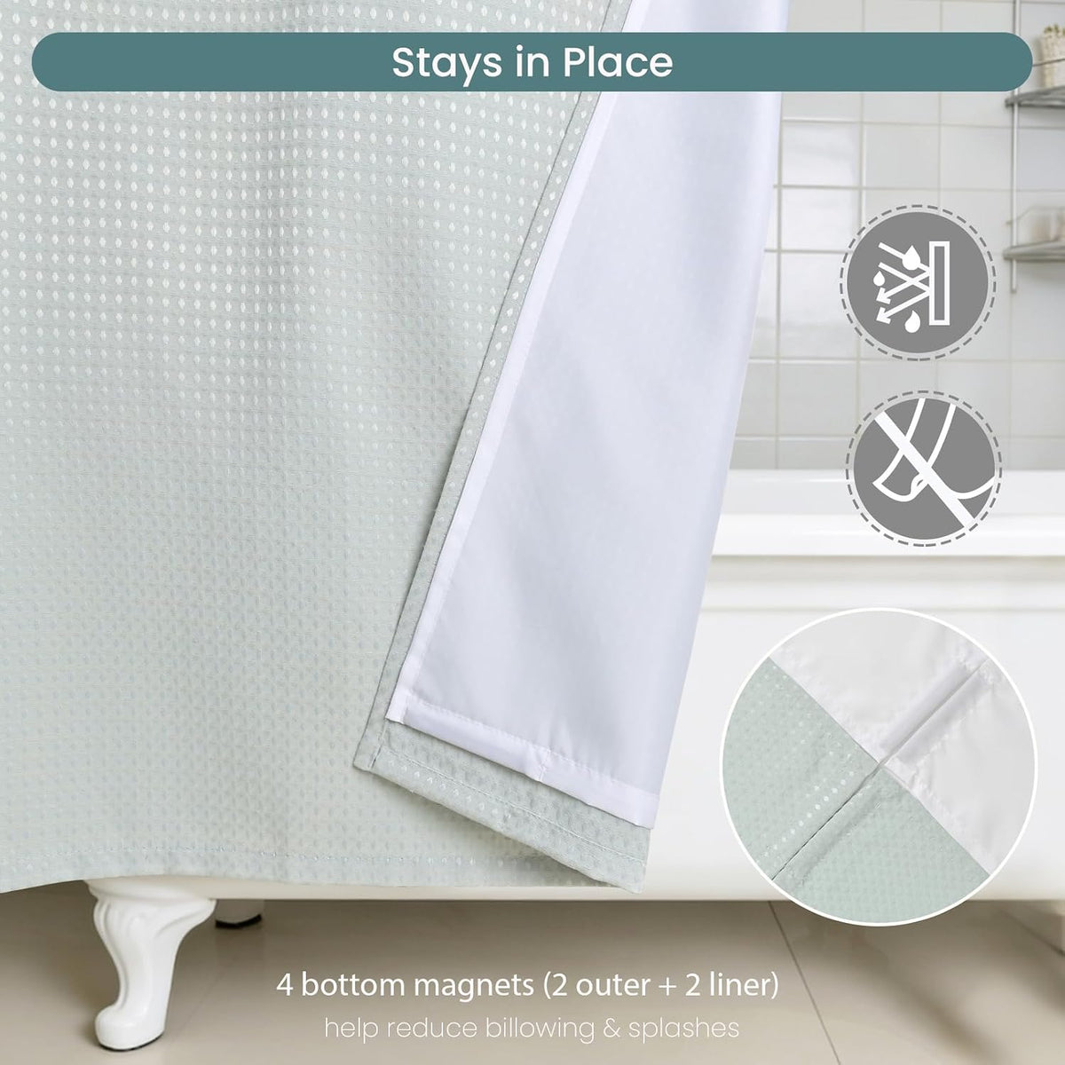 Sage Green Waffle Weave No‑Hook Shower Curtain Set