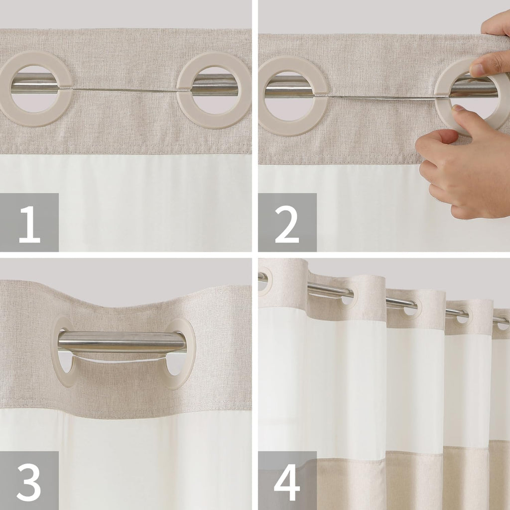 Cream Textured No‑Hook Shower Curtain Set with Liner