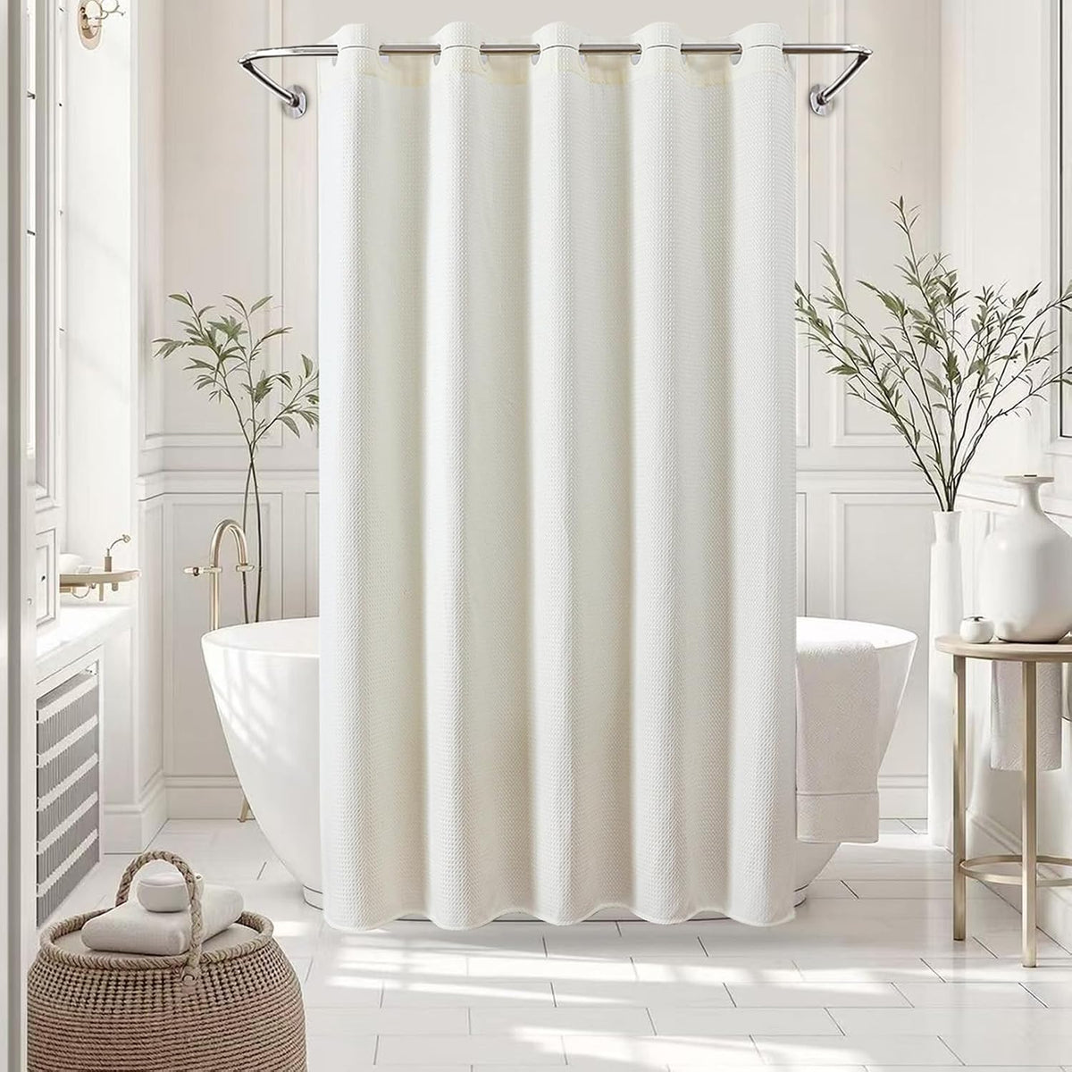 Cream Waffle Weave No‑Hook Shower Curtain