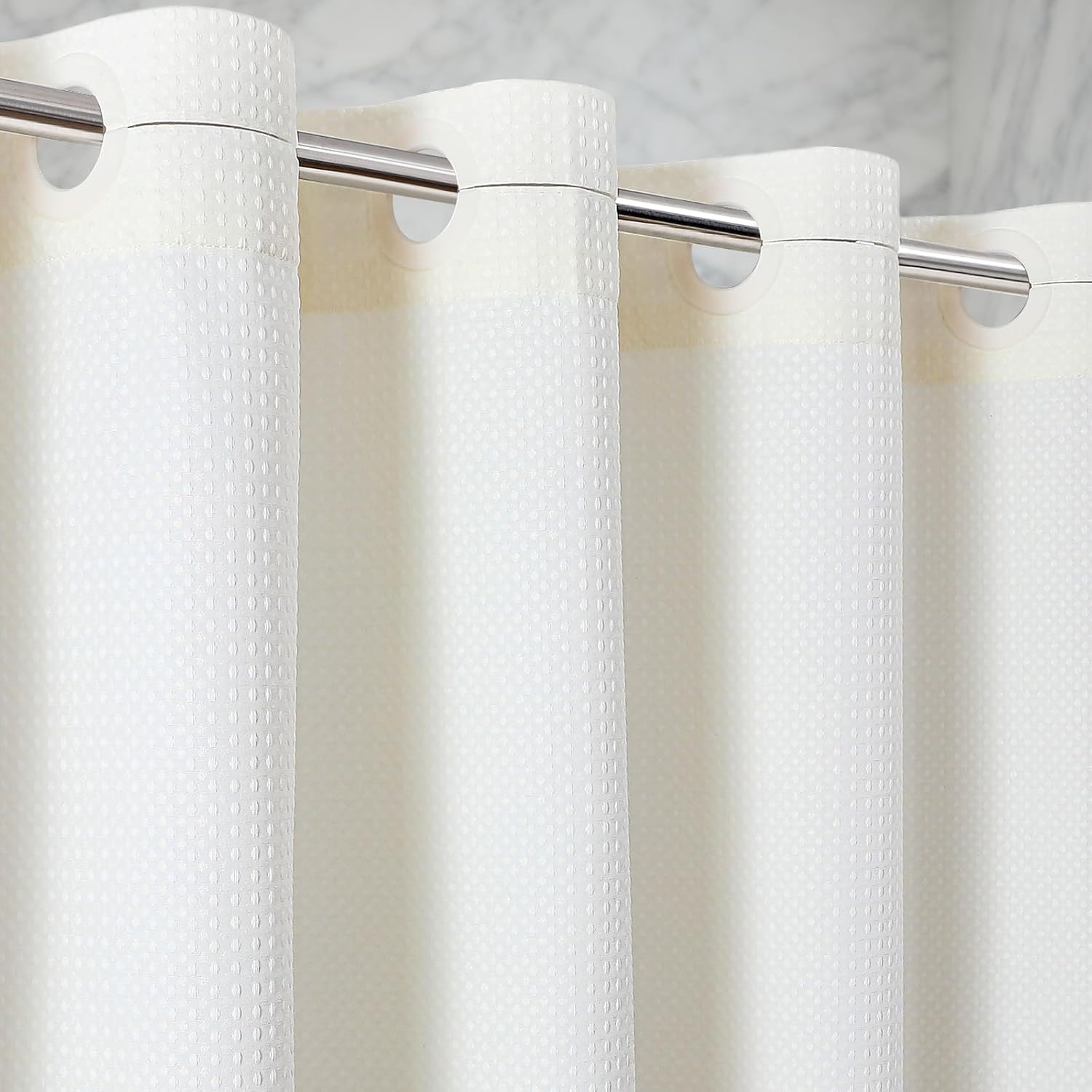 Cream Waffle Weave No‑Hook Shower Curtain
