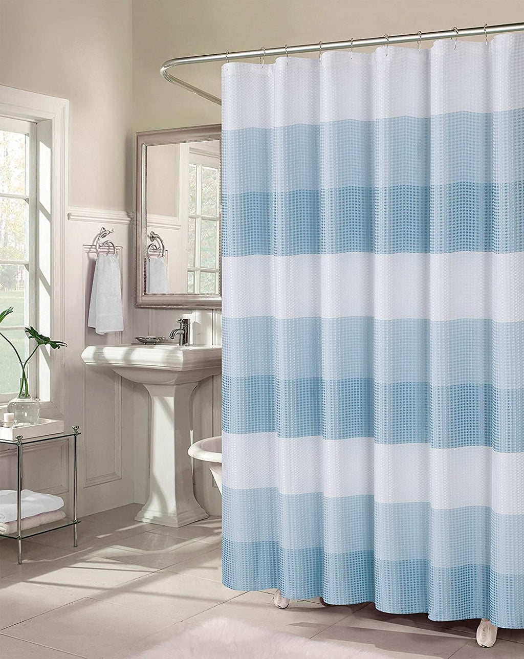 Blue Waffle Weave Waterproof Shower Curtain with Hooks