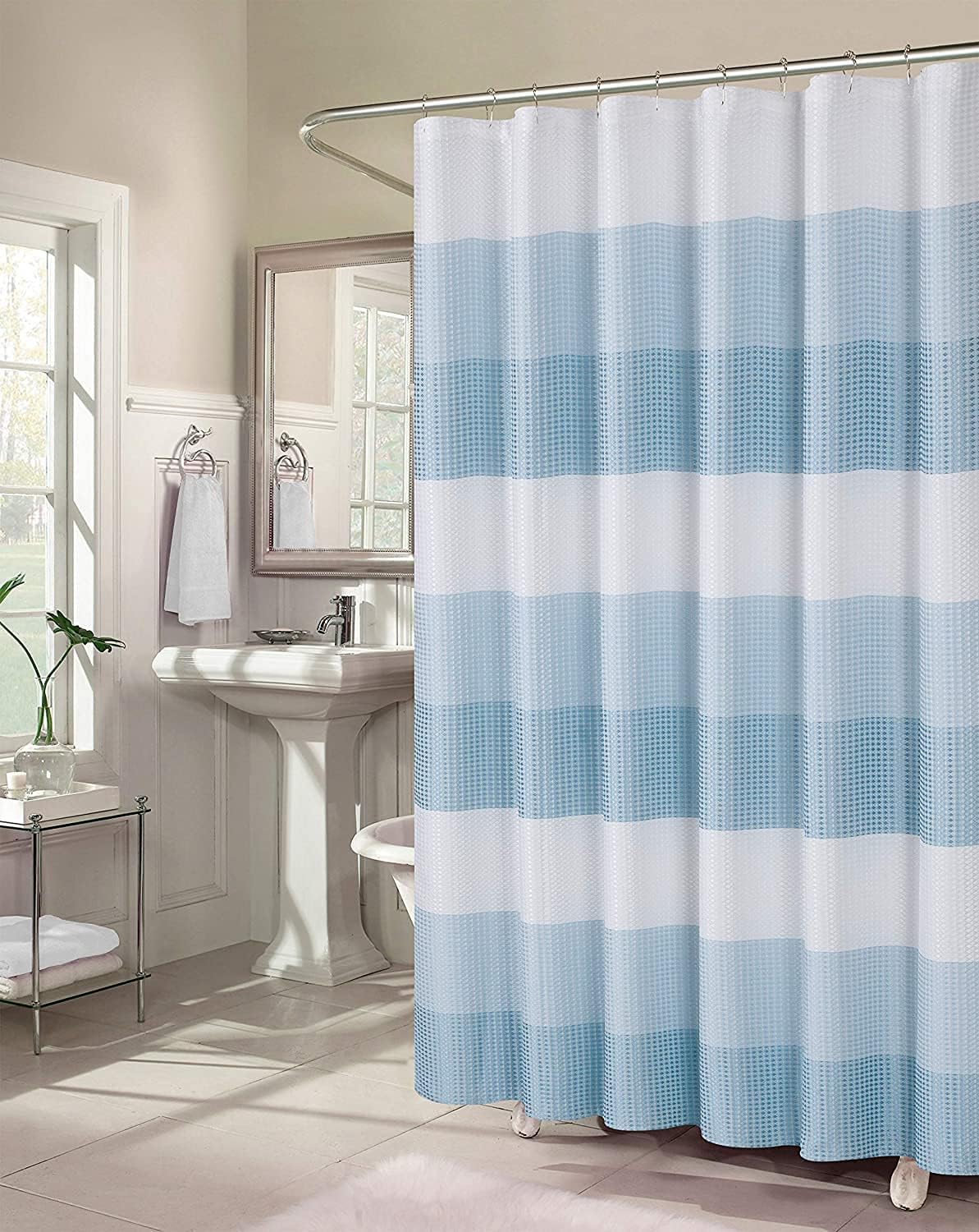 Blue Waffle Weave Waterproof Shower Curtain with Hooks