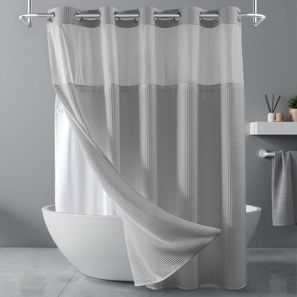 Gray Waffle Weave Shower Curtain Set with Liner