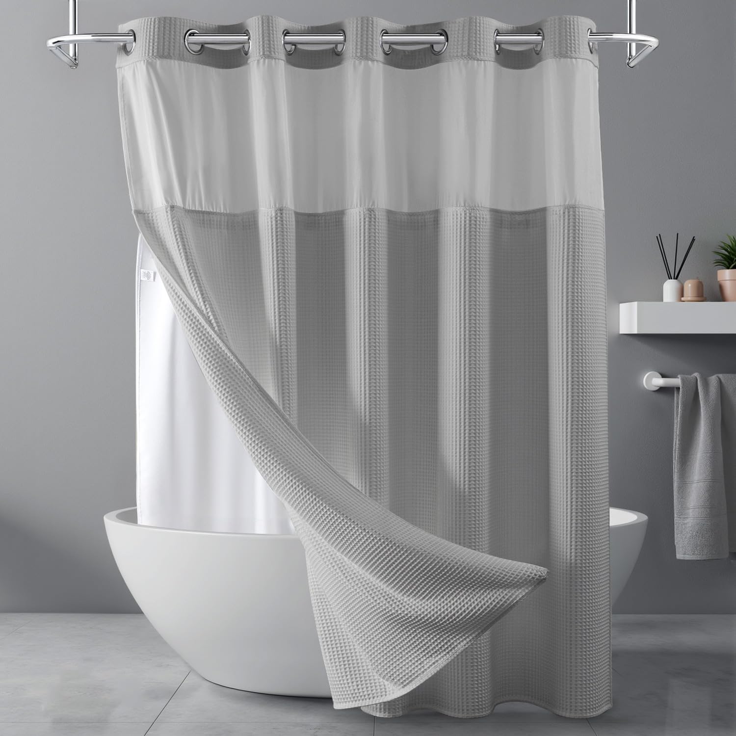 Gray Waffle Weave Shower Curtain Set with Liner