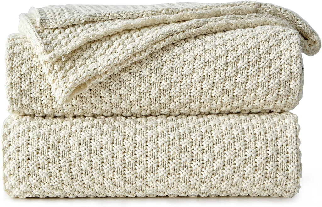 Cream Cotton Knitted Throw Blanket