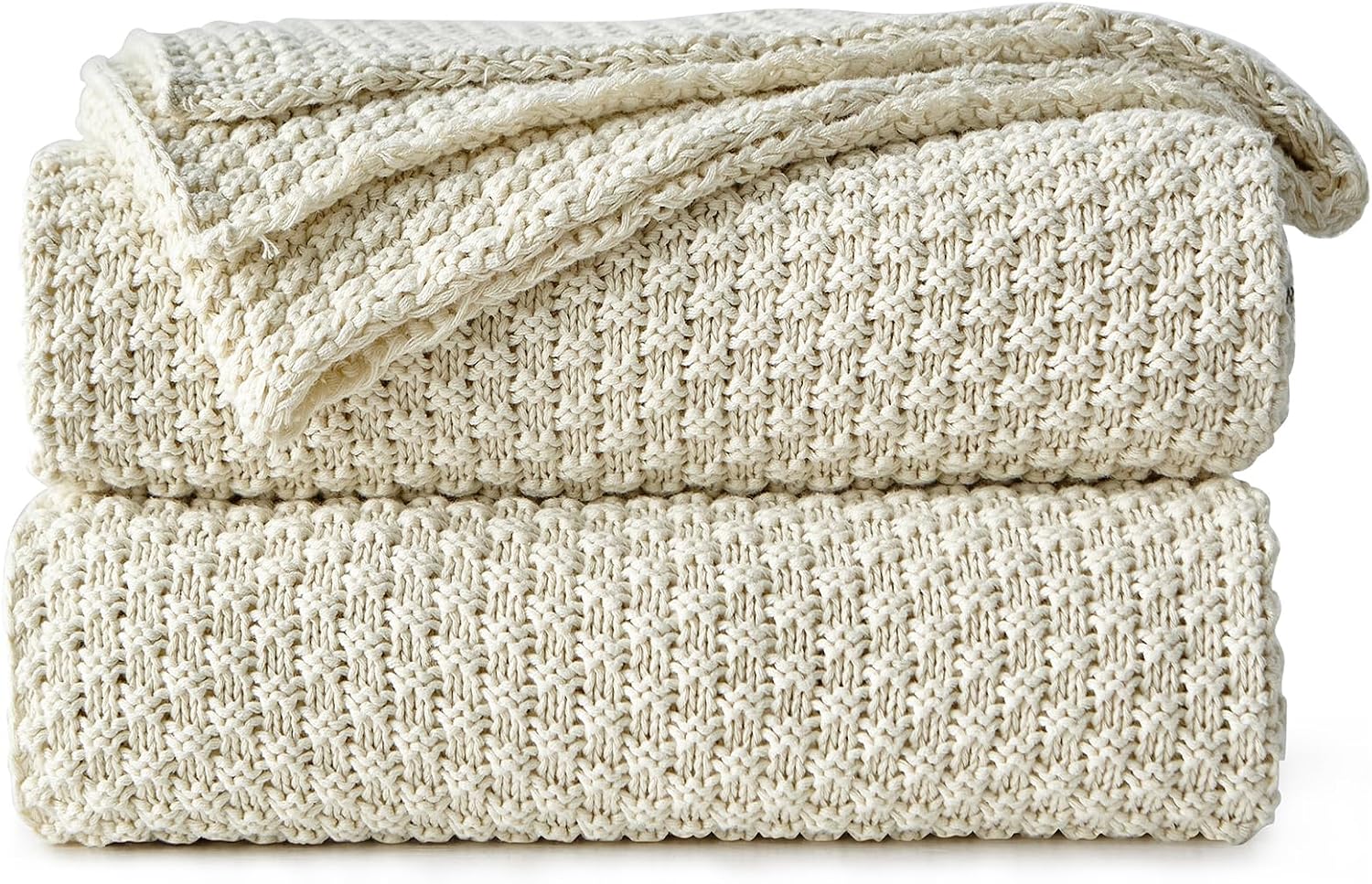 Cream Cotton Knitted Throw Blanket