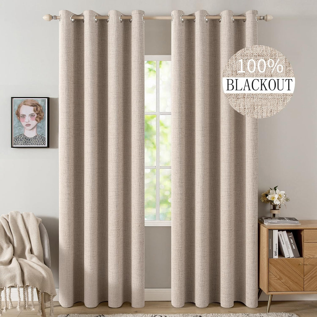 Beige Linen Blackout Grommet Curtains 2 Panels