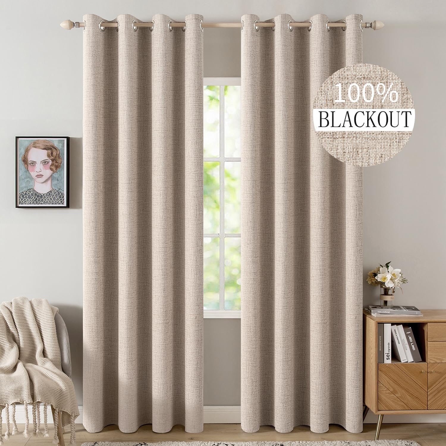 Beige Linen Blackout Grommet Curtains 2 Panels