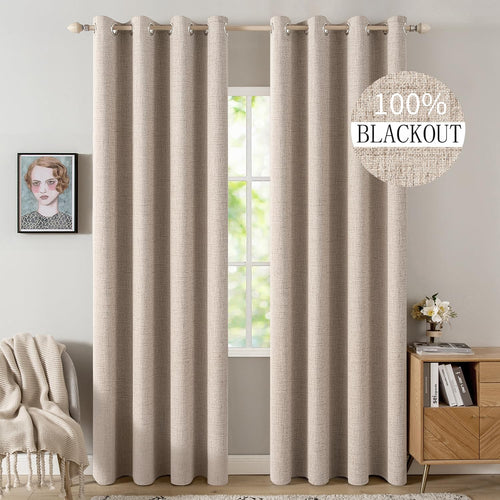 Beige Linen Blackout Grommet Curtains 2 Panels