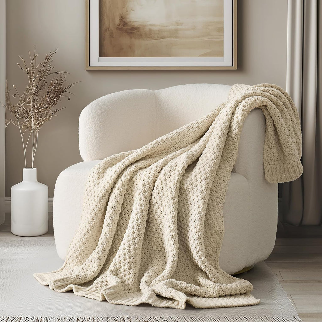 Beige Chunky Chenille Knit Throw Blanket