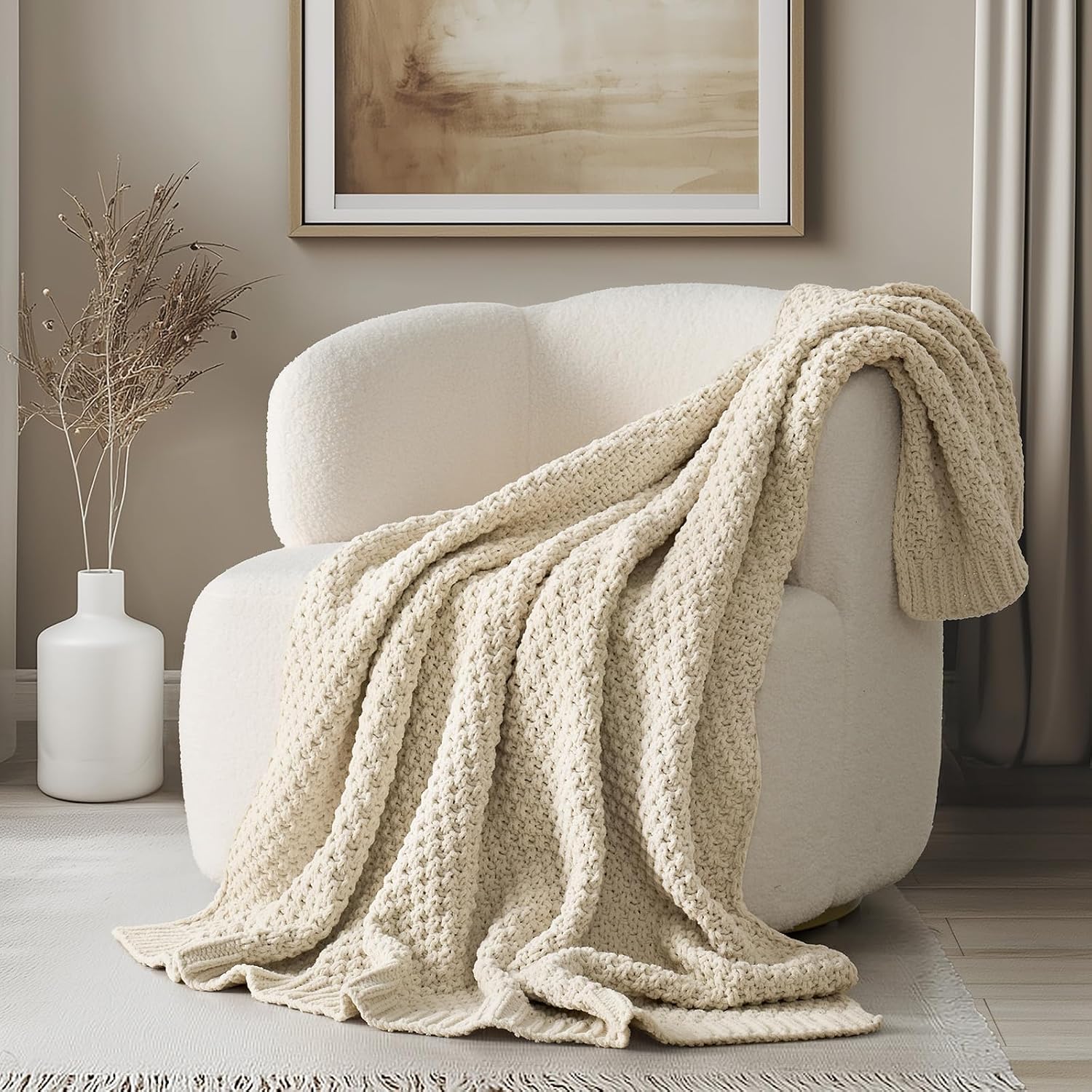 Beige Chunky Chenille Knit Throw Blanket
