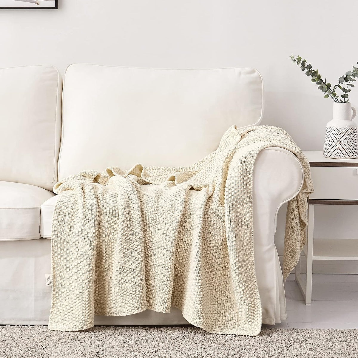 Cream Cotton Knitted Throw Blanket