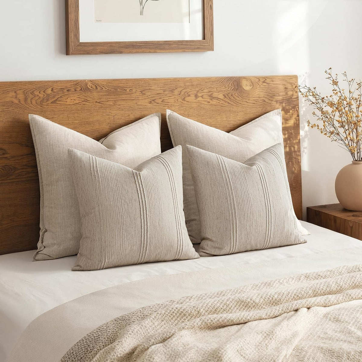 Natural Linen Striped Euro Pillow Covers Set of 2