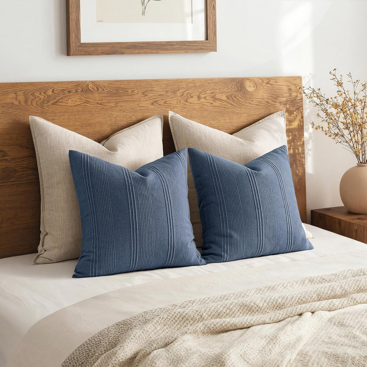 Blue Striped Linen Euro Pillow Covers Set of 2