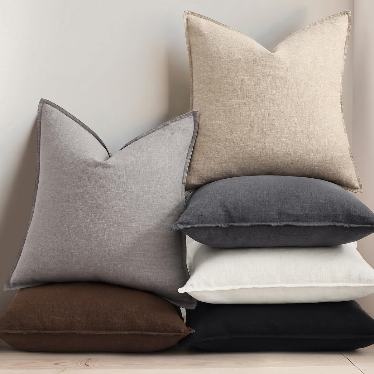 Beige Linen Flange‑Edge Throw Pillow Covers Set of 2