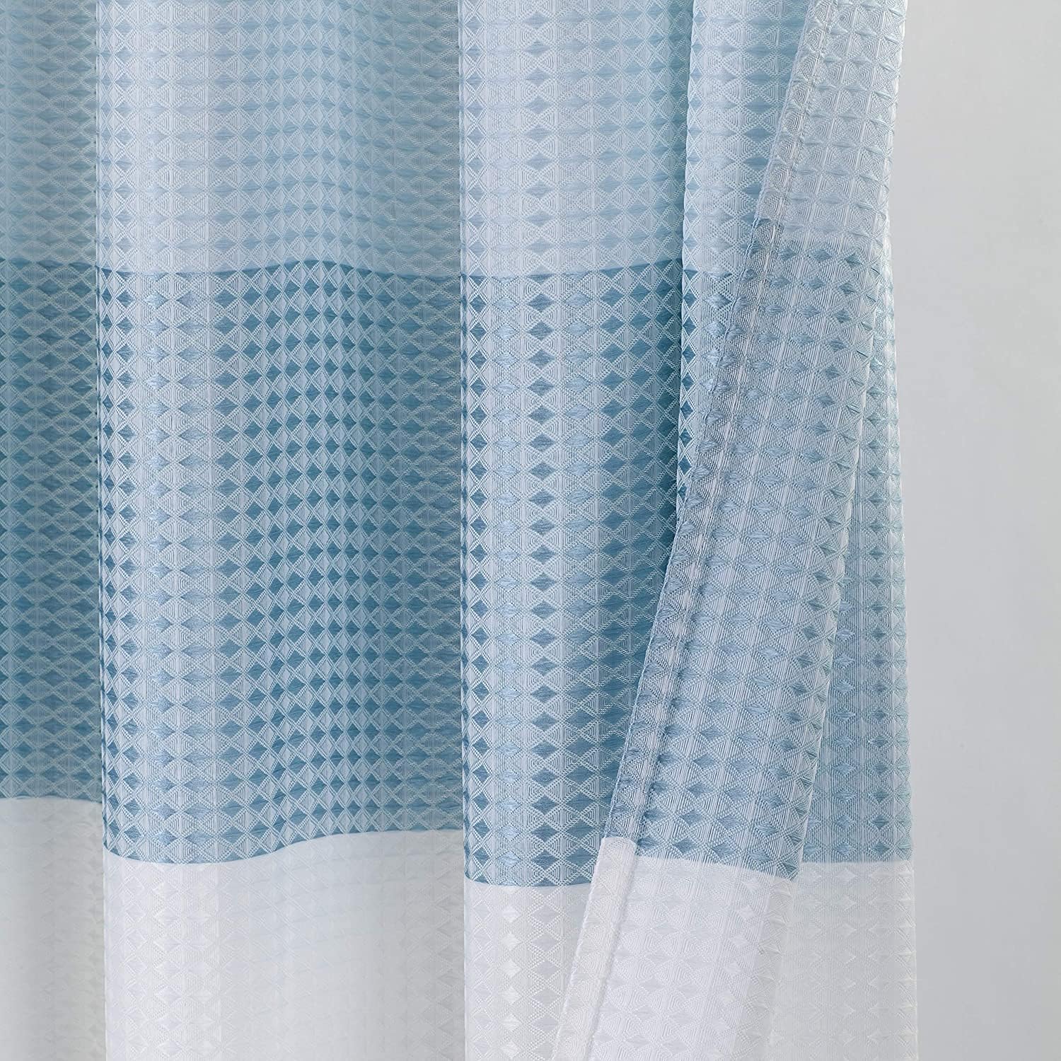 Blue Waffle Weave Waterproof Shower Curtain with Hooks