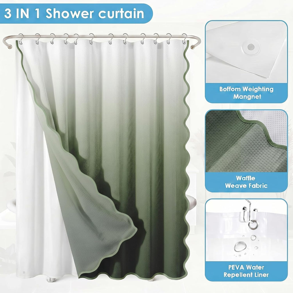 Sage Ombre Waffle Weave Shower Curtain Set